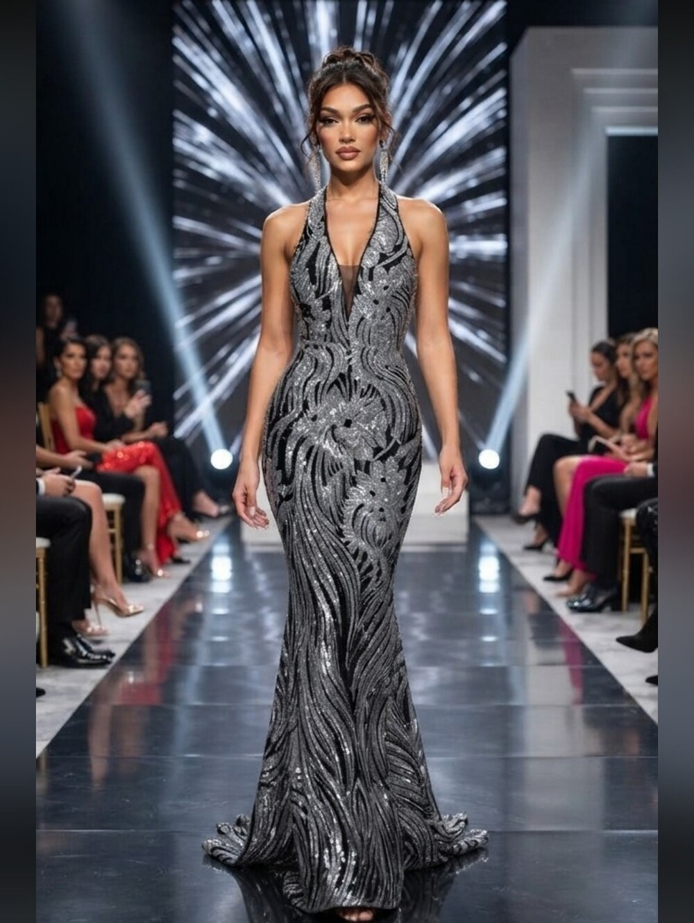 Silver Sequin Halter Mermaid Evening Dress